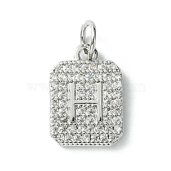 Rack Plating Brass Micro Pave Clear Cubic Zirconia Charms, Long-Lasting Plated, Lead Free & Cadmium Free, Rectangle with Letter Pattern, with Jump Ring, Platinum, Letter H, 14x9.5x2mm, Hole: 3mm(KK-G501-01H-P)