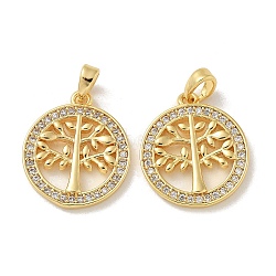 Brass Micro Pave Cubic Zirconia Pendents, Flat Round with Tree of Life Charms, Real 18K Gold Plated, 19x16.5x2.5mm, Hole: 3.5x2.5mm(KK-R210-21G-02)