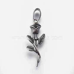 304 Stainless Steel Pendants, Rose, Antique Silver, 39.5x15x7mm, Hole: 4.5x8mm(STAS-F197-02AS)