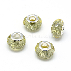 Resin European Beads, Large Hole Beads, with Silver Color Plated Brass Cores, Faceted, Rondelle, Large Hole Beads, Pale Goldenrod, 13.5~14.5x9mm, Hole: 5mm(RPDL-S009-10)