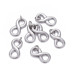 Non-Tarnish 304 Stainless Steel Charms, with Jump Ring, Infinity, Stainless Steel Color, 20.5x10.5x2mm, Hole: 4mm(STAS-L218-17P)