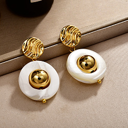 Brass and Shell Stud Dangle Earrings for Women, Flat Round, Real 18K Gold Plated, 36x20mm(FS-WG0512D-01)