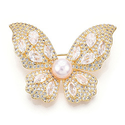 Natural Pearl Butterfly Brooches for Women, Brass Pave Cubic Zirconia Pins, Real 14K Gold Plated, 32x41x11mm(JEWB-N001-14G)