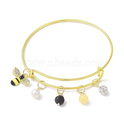 Adjustable Iron Expandable Bangles, Bees Alloy Rhinestone & Shell Pearl & Mixed Stone Charms Bangle, Golden, Inner Diameter: 2-1/2 inch(6.2cm)(BJEW-JB10038)
