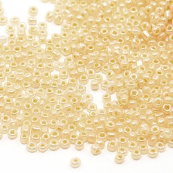 12/0 Glass Seed Beads, Ceylon, Round, Round Hole, Champagne Yellow, 12/0, 2mm, Hole: 1mm, about 3333pcs/50g, 50g/bag, 18bags/2pounds(SEED-US0003-2mm-153)