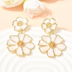 Flower Brass Dangle Stud Earrings, Cadmium Free & Lead Free, Rack Plating, Long-Lasting Plated, Real 18K Gold Plated, White, 40.5x24mm(EJEW-D352-05G-04)