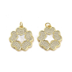 Brass Micro Pave Clear Cubic Zirconia Pendants, with Shell, Jump Rings, Real 18K Gold Plated, Star, 21.5x20x3mm, Hole: 3.5mm(KK-K365-05E-G)