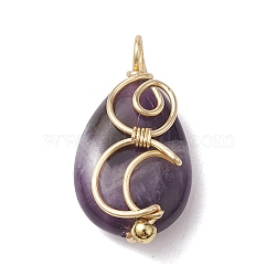 Natural Amethyst Copper Wire Wrapped Pendants, Teardrop Charms with Moon, Golden, 24x13x7.5~8mm, Hole: 2~2.5mm(PALLOY-JF02598-02)