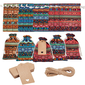 24Pcs 4 Colors Bohemian Rectangle Geometric Print Linenette Drawstring Bags, Ethnic Style Pouches with Jute Cord and Kraft Paper Price Tags, Mixed Color, Bag: 18x13cm, 6pcs/color