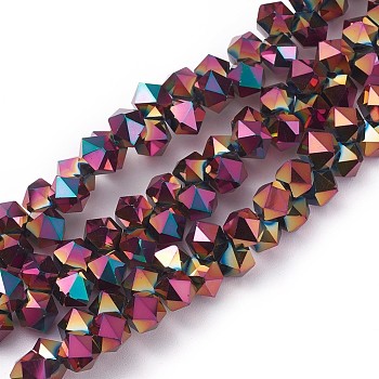 Electroplate Glass Beads Strands, Top Drilled Beads, Full Plated, Faceted, Hexagon, Multi-color Plated, 8x6x8mm, Hole: 1.2mm, about 100pcs/strand, 15.7 inch(40cm)