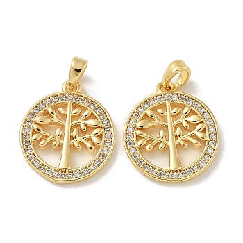 Brass Micro Pave Cubic Zirconia Pendents, Flat Round with Tree of Life Charms, Real 18K Gold Plated, 19x16.5x2.5mm, Hole: 3.5x2.5mm