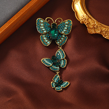 Creative Long Alloy Triple Butterfly Brooch, Rhinestone Retro Insect Brooch, for Ceremony Banquet Suit Accessory, Emerald, 110x52mm