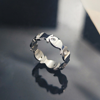 304 Stainless Steel & Crystal Rhinestone Finger Rings for Women, Fish, Stainless Steel Color, US Size 7(17.3mm)