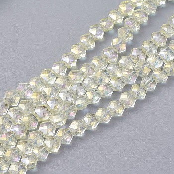 Electroplate Glass Beads Strands, Full Rainbow Plated, Faceted, Hexagon, Champagne Yellow, 5x6x4mm, Hole: 1.2mm, about 99pcs/strand, 19.2 inch(49cm)