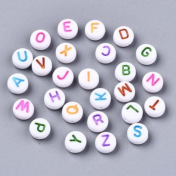 Opaque White Acrylic Beads, Flat Round with Mixed Color Letter, Letter, 7x3.5mm, Hole: 1.2mm