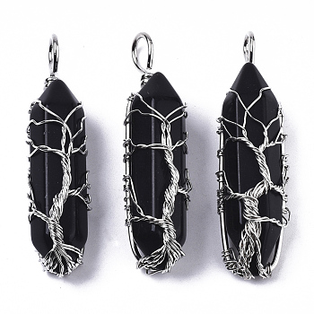 Natural Black Agate Big Wire Wrapped Pendants, with Brass Wires, prismatic with Tree of Life, Platinum, 48~62x14~17x13~18mm, Hole: 4x5~6mm