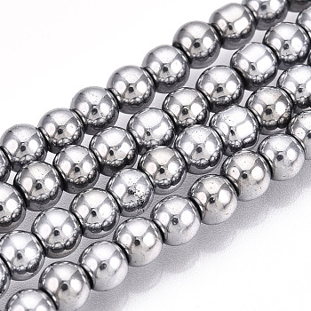 Electroplate Glass Beads Strands, Pearl Luster Plated, Faceted, Round, Silver, 4.5x3.5~4mm, Hole: 0.7mm, about 200~204pcs/strand, 31.50~32.48''(80~81.2cm)