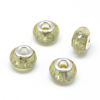 Resin European Beads, Large Hole Beads, with Silver Color Plated Brass Cores, Faceted, Rondelle, Large Hole Beads, Pale Goldenrod, 13.5~14.5x9mm, Hole: 5mm