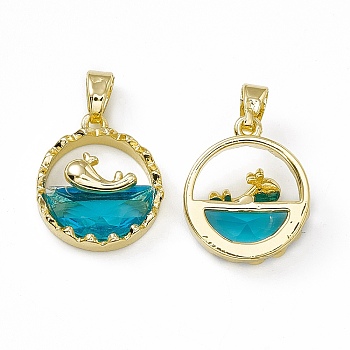 Deep Sky Blue Glass Pendants, with Rack Plating Brass Findings, Cadmium Free & Lead Free, Long-Lasting Plated, Flat Round with Sea & Dolphin, Real 18K Gold Plated, 16.5x14x5mm, Hole: 3.5x5mm