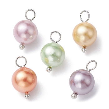Shell Pearl Dyed Round Charms, with Platinum Plated Brass Loops, Mixed Color, 14x8mm, Hole: 2.8mm