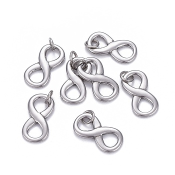 304 Stainless Steel Charms, with Jump Ring, Infinity, Stainless Steel Color, 20.5x10.5x2mm, Hole: 4mm