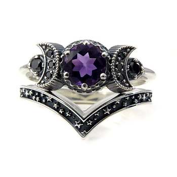 Gothic Purple Crystal Ring with Triple Moon Goddess - Black Diamond Jewelry for Women, Purple, No. 7
