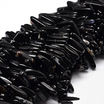 Natural Obsidian Chip Beads Strands, Tush Shape, Top Dirlled, 8~30x5~12mm, Hole: 1mm, 15.30~15.7''(38.86~39.88cm)