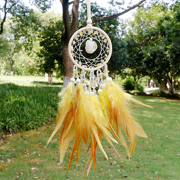 Natural Citrine Woven Web/Net with Feather Pendant Decorations, with Wood Beads, Covered with Cotton Lace and Villus Cord, 400x70mm