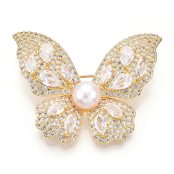 Natural Pearl Butterfly Brooches for Women, Brass Pave Cubic Zirconia Pins, Real 14K Gold Plated, 32x41x11mm