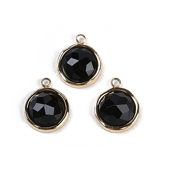 Natural Black Onyx(Dyed & Heated) Faceted Flat Round Charms, with Ion Plating(IP) 304 Stainless Steel Findings, Real 18K Gold Plated, 10.5x8.5x4mm, Hole: 1.2mm