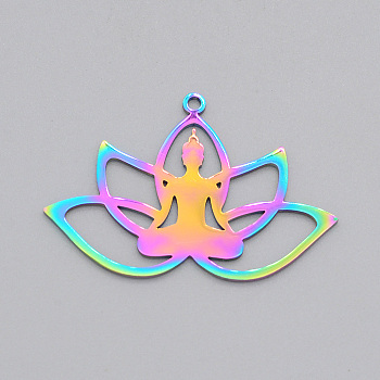 Ion Plating(IP) 201 Stainless Steel Pendants, Laser Cut, Lotus with Yoga, Rainbow Color, 25x36.5x1mm, Hole: 1.6mm