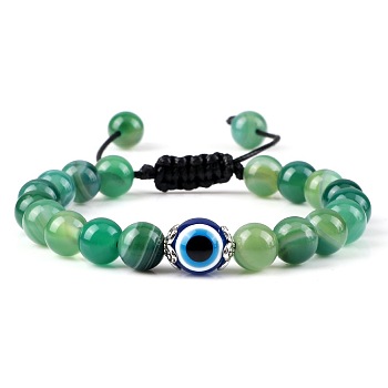 Evil Eye Beaded Bracelets, Round Natural Striped Agate/Banded Agate Adjustable Bracelets for Men