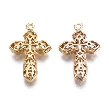 Brass Pendants, Hollow, Nickel Free, Cross, Real 18K Gold Plated, 23x14x4mm, Hole: 1.2mm