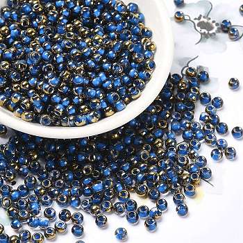 Glass Seed Beads, Half Plated, Inside Colours, Round Hole, Round, Medium Blue, 4x3mm, Hole: 1.4mm, 5000pcs/pound