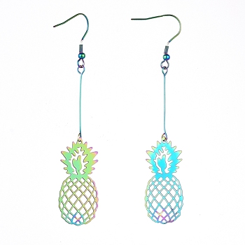201 Stainless Steel Dangle Earrings, Etched Metal Embellishments, Pineapple, Rainbow Color, 85mm, Pin: 0.7mm