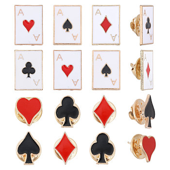 2 Sets Playing Card Theme Enamel Pins Kit, Light Gold Alloy Badge for Backpack Clothes, Light Gold, 12~20.5x11~14.5mm, 8pcs/set