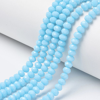 Opaque Solid Color Glass Beads Strands, Faceted, Rondelle, Cyan, 4x3mm, Hole: 0.4mm, about 130pcs/strand, 16.54 inch(42cm)
