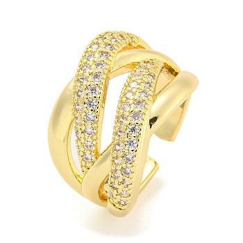 Brass Micro Pave Cubic Zirconia Open Cuff Ring, Criss Cross Rings for Women, Real 18K Gold Plated, 15mm