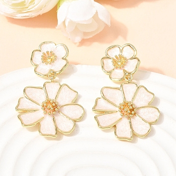 Flower Brass Dangle Stud Earrings, Cadmium Free & Lead Free, Rack Plating, Long-Lasting Plated, Real 18K Gold Plated, White, 40.5x24mm