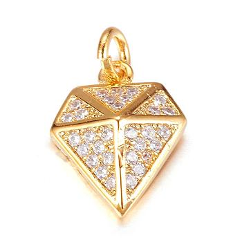 Brass Micro Pave Cubic Zirconia Charms, Diamond, Golden, 14.5x12x4mm, Hole: 3mm
