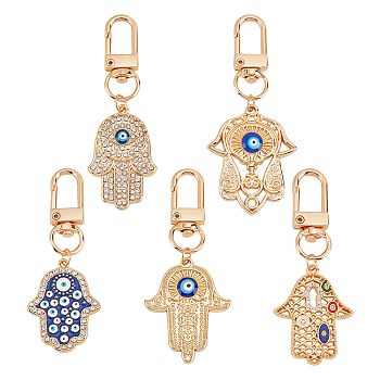 5Pcs 5 Colors Hamsa Hand/Hand of Miriam with Evil Eye Alloy Enamel Pendant Decoration, Swivel Clasps Charms, Clip-on Charms, for Keychain, Purse, Backpack Ornament, Mixed Color, 74.5mm, 1pc/color