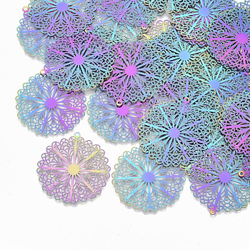 Ion Plating(IP) 304 Stainless Steel Filigree Pendants, Etched Metal Embellishments, Flower, Rainbow Color, 37x35x0.3mm, Hole: 1.5mm
