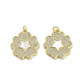 Brass Micro Pave Clear Cubic Zirconia Pendants, with Shell, Jump Rings, Real 18K Gold Plated, Star, 21.5x20x3mm, Hole: 3.5mm