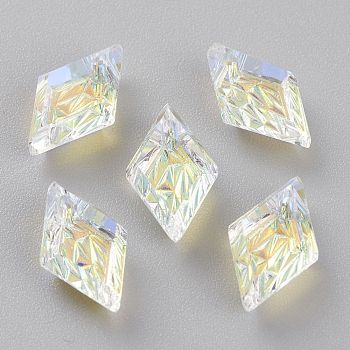 Embossed Glass Rhinestone Pendants, Rhombus, Faceted, Crystal AB, 13x8x4.2mm, Hole: 1.2mm