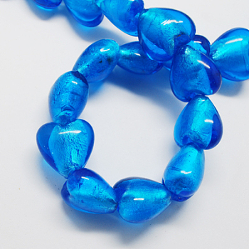 Handmade Silver Foil Glass Beads, Heart, Dodger Blue, 12x12x8mm, Hole: 2mm