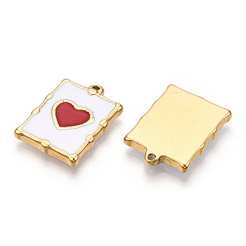 Vacuum Plating 201 Stainless Steel Enamel Pendants, Real 18K Gold Plated, Rectangle with Heart Charm, FireBrick, 20.5x15x2.5mm, Hole: 1.2mm