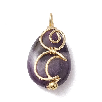 Natural Amethyst Copper Wire Wrapped Pendants, Teardrop Charms with Moon, Golden, 24x13x7.5~8mm, Hole: 2~2.5mm