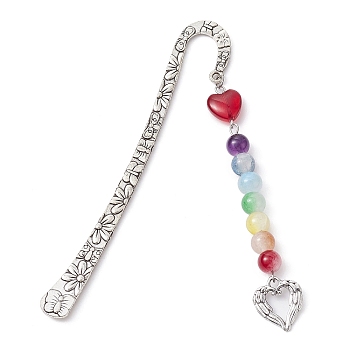 Flower Pattern Alloy Hook Bookmarks, Round & Heart Glass Beaded Bookmark with Charm, Wing, 124mm, Pendant: 97x16.5x8.5mm