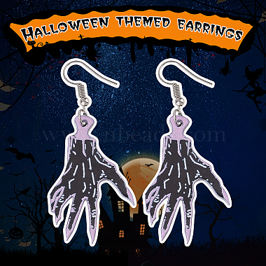 3 Pairs 3 Style Skeleton Hand & Bat & Bottle Acrylic Dangle Earrings for Halloween(EJEW-AN0002-93)-3