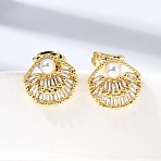 Brass Micro Pave Clear Cubic Zirconia Stud Earrings, Shell Shape, with ABS Plastic Imitation Pearl, Rack Plating, Long-Lasting Plated, Cadmium Free & Lead Free, Real 18K Gold Plated, 11.5x11.5mm(EJEW-D355-08G)